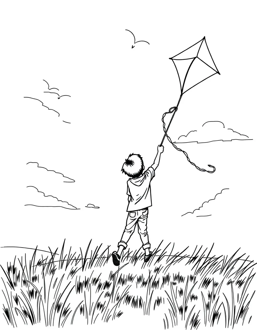 (New Hampshire) A boy flying a kite in a windy field