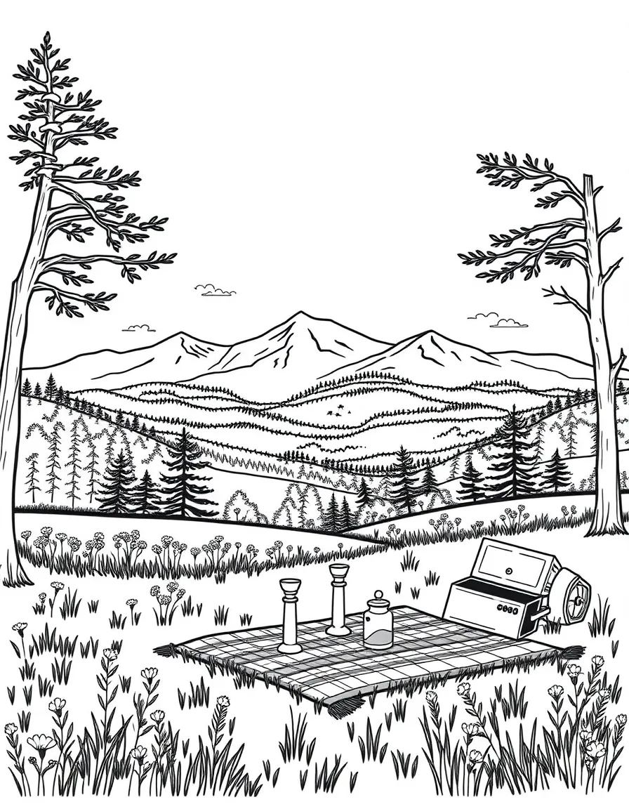 (New Hampshire) A picnic in a meadow with New Hampshire mountains in the background