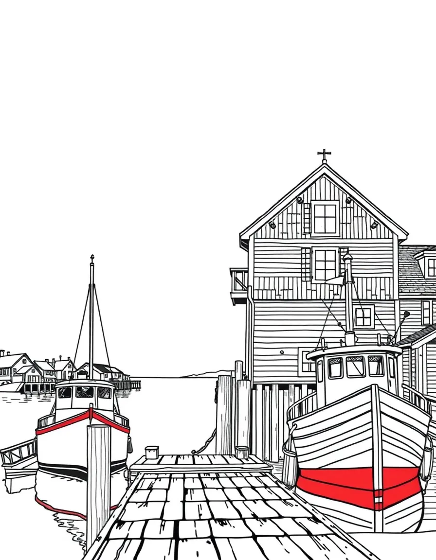 (Maine) A fishing dock in a coastal town