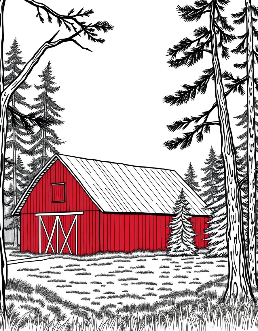 (Maine) A red barn with a pine tree forest