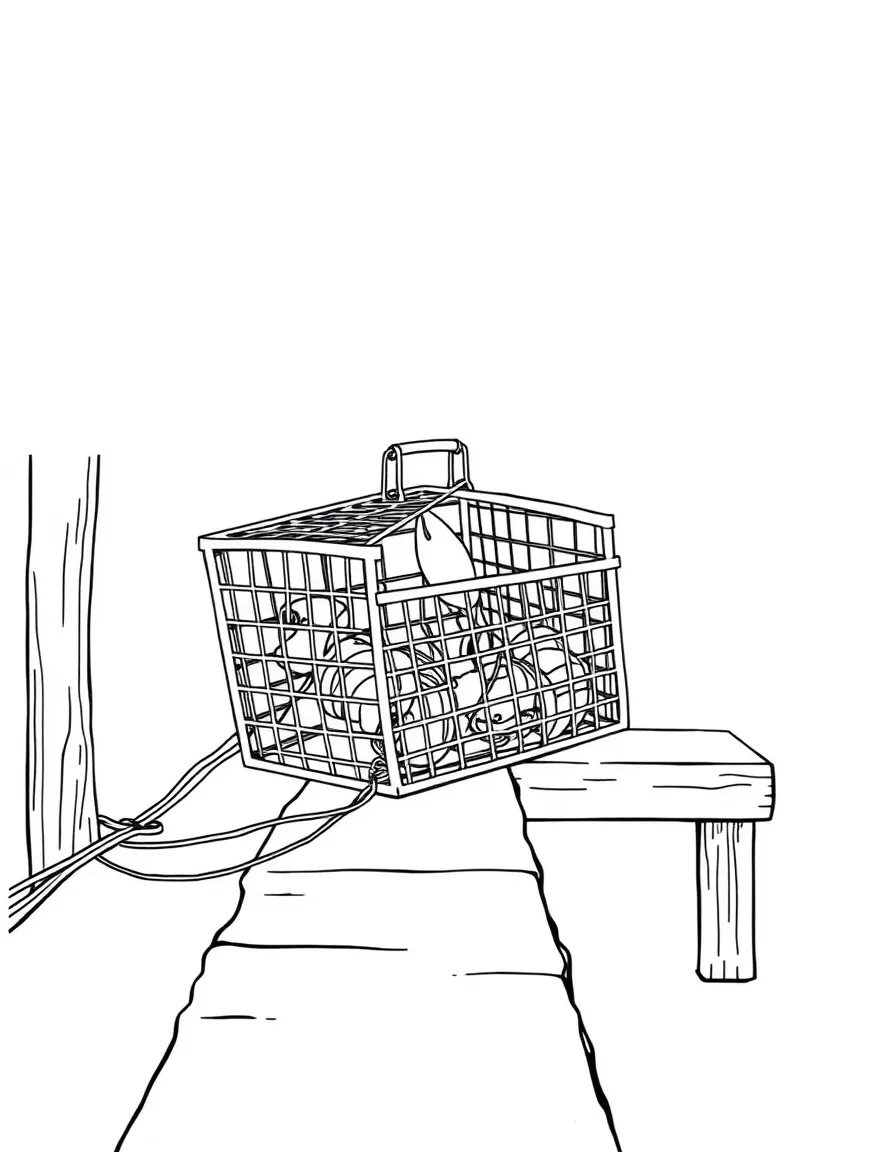 (Maine) A lobster trap on a dock