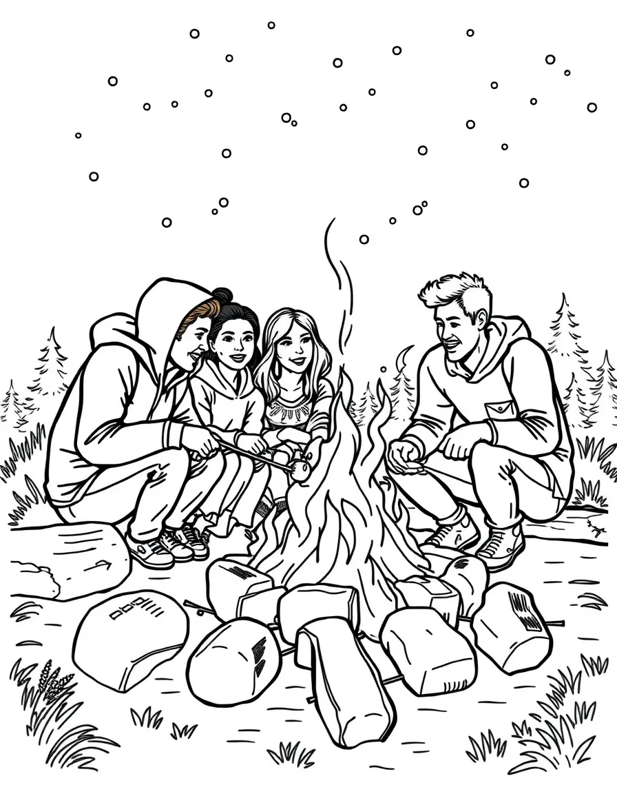 (Maine) A group of friends roasting marshmallows at a campsite
