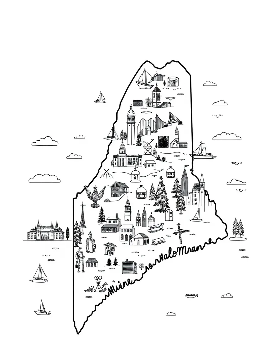(Maine) A map of Maine with famous landmarks