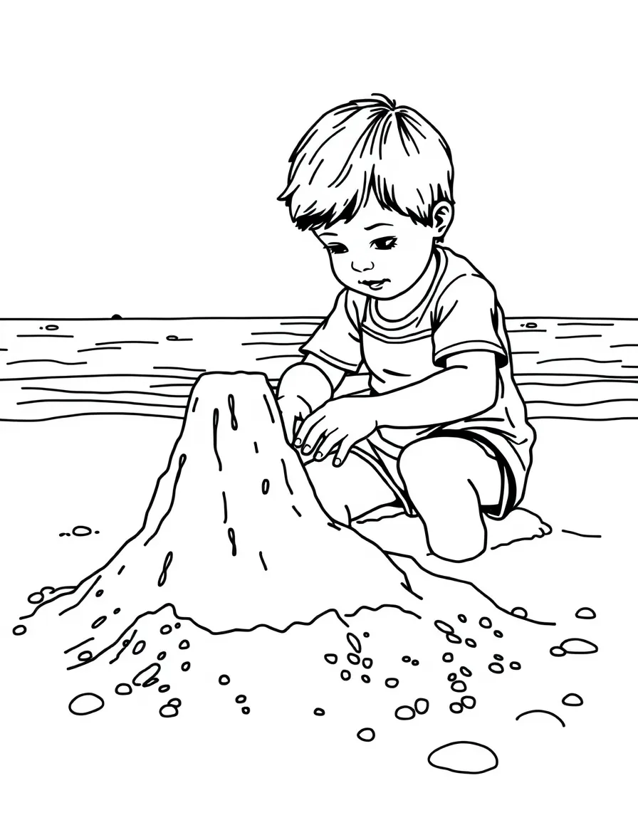 (Maine) A child building a sandcastle on a Maine beach