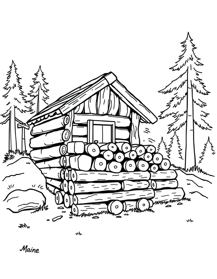 (Maine) A stack of firewood outside a cabin