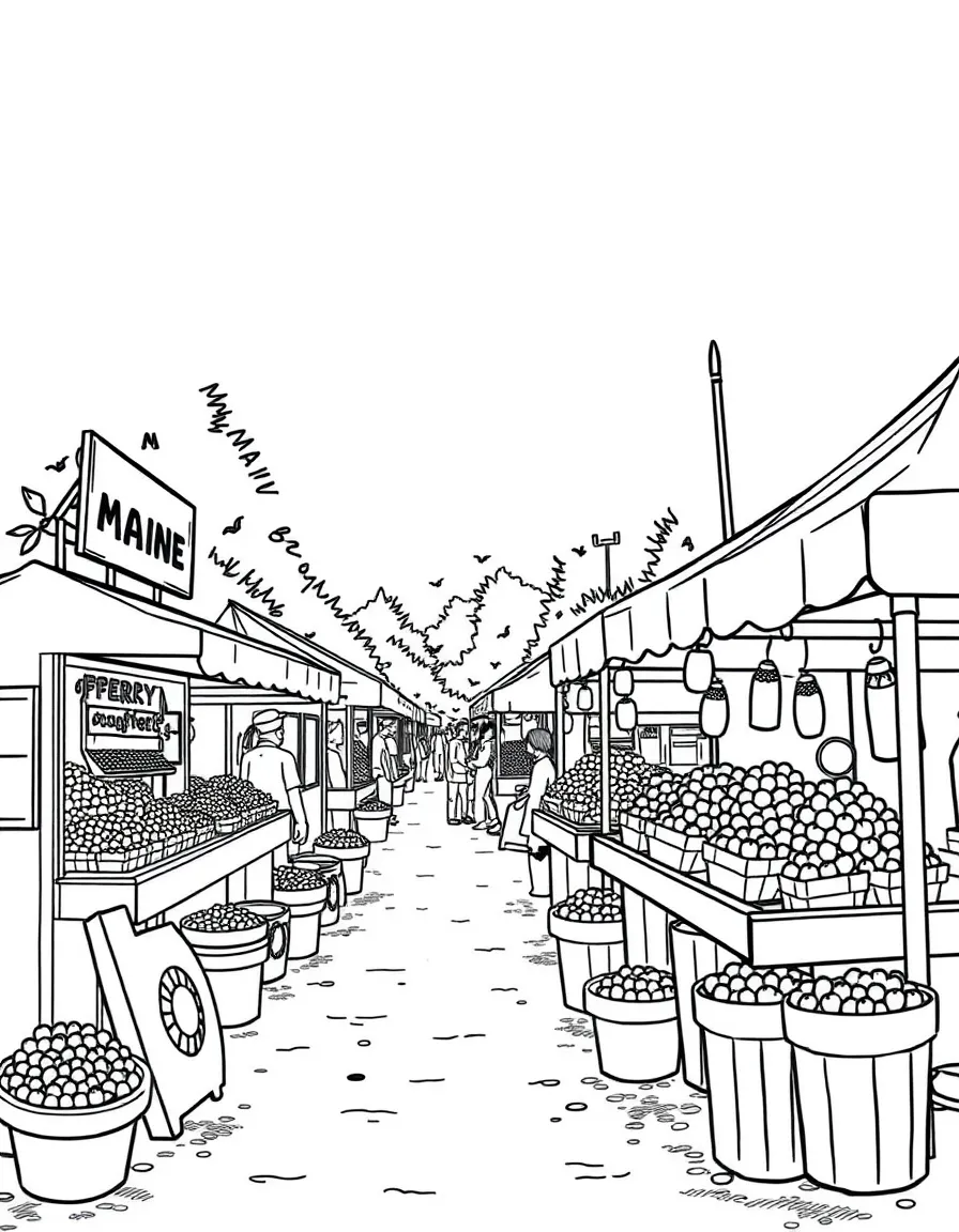 (Maine) A festival scene with lobster and blueberry stands