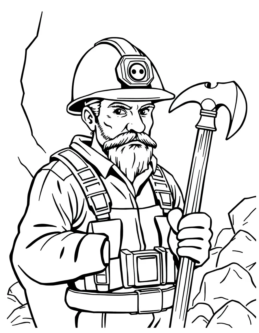 (West Virginia) A coal miner with a helmet and pickaxe