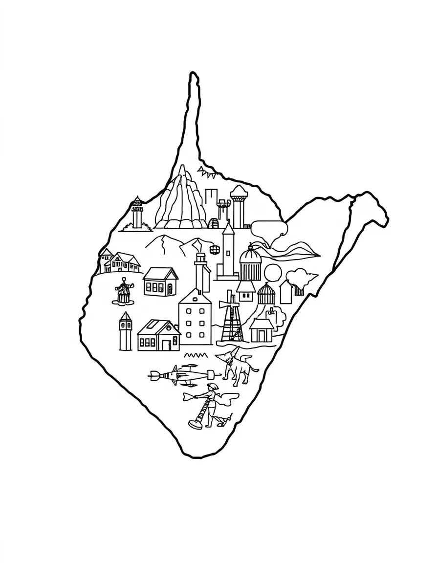 (West Virginia) West Virginia state outline with major symbols inside