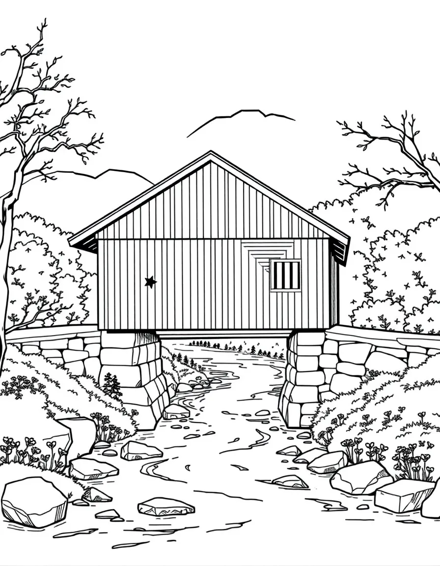 (West Virginia) A covered bridge over a river