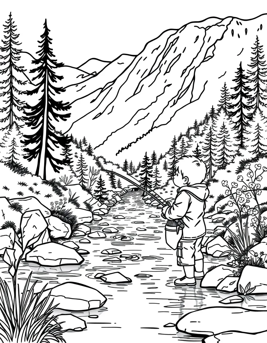 (West Virginia) A child fishing in a mountain stream