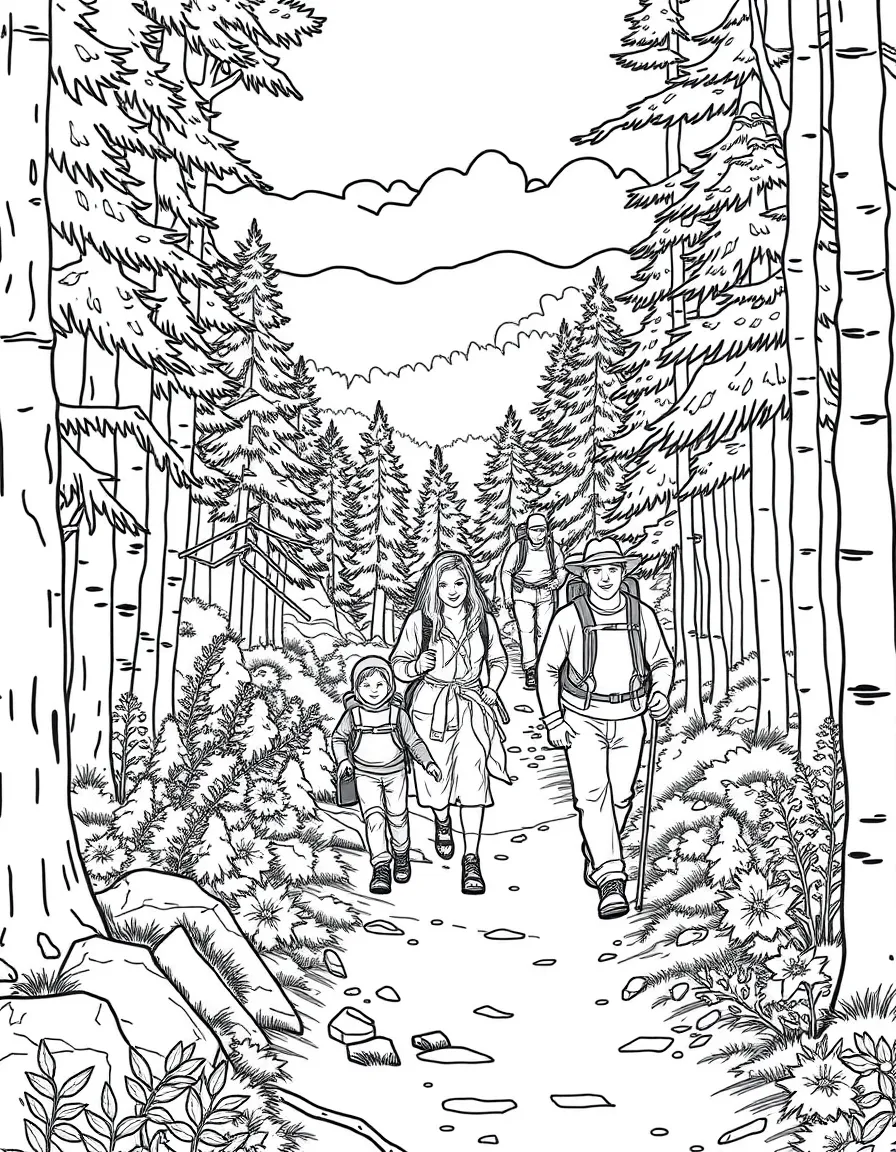 (West Virginia) A family hiking in a forest trail