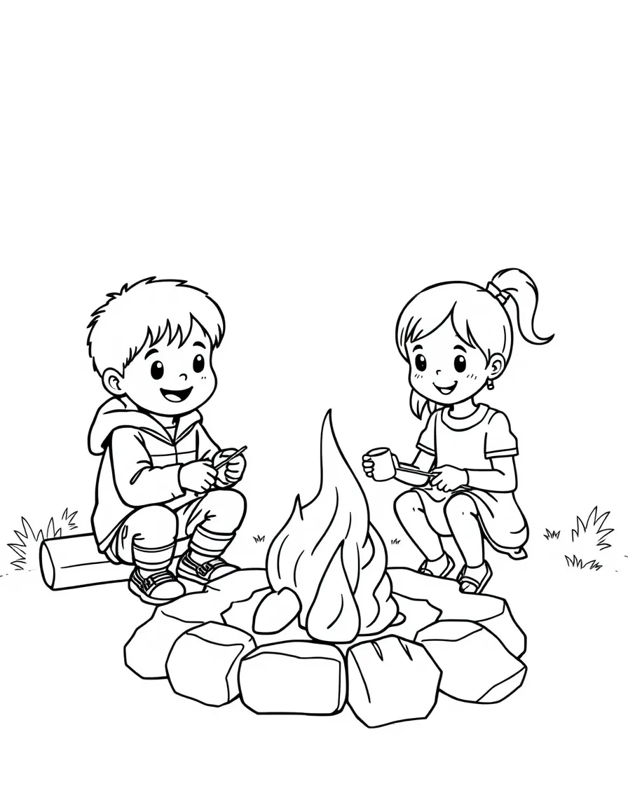 (West Virginia) A boy and girl roasting marshmallows at a campfire