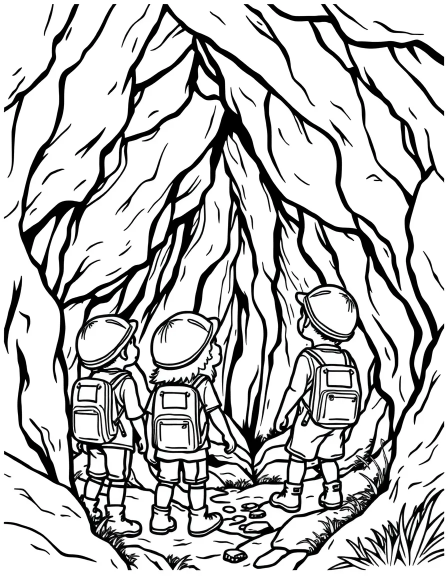 (West Virginia) Children exploring a cave with helmets