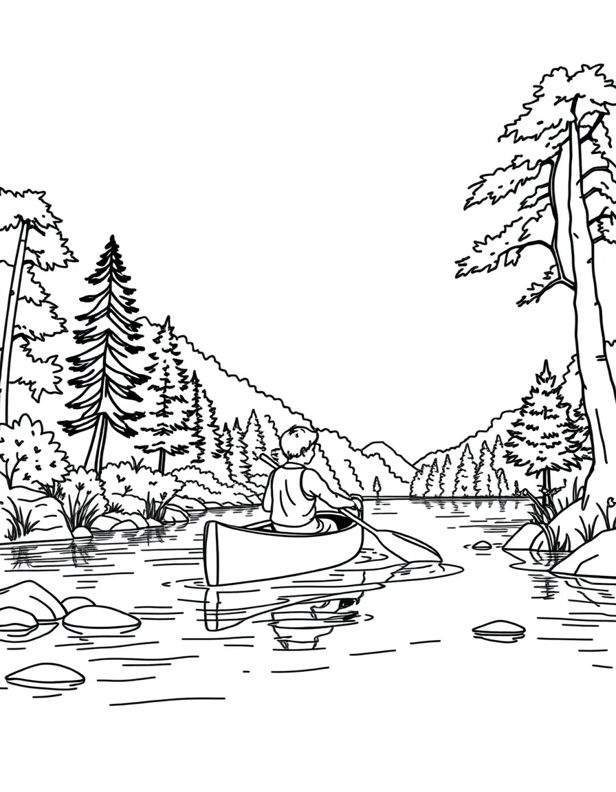 (West Virginia) A boy paddling a canoe on a river