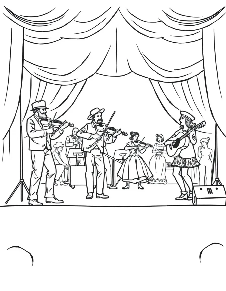 (West Virginia) A music stage with fiddlers and dancers