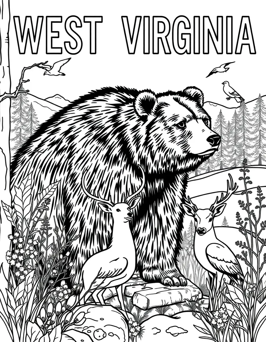 (West Virginia) Wildlife scene with bear, deer, and birds