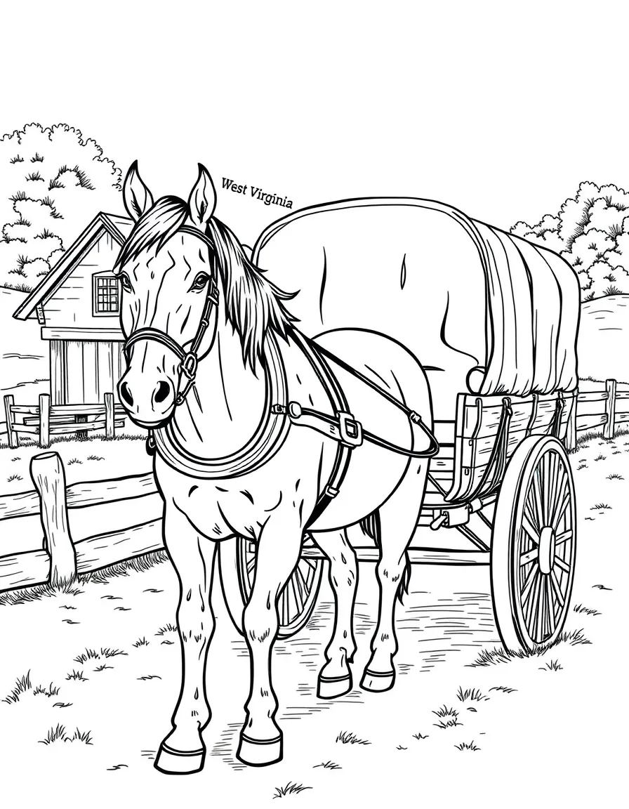 (West Virginia) A horse pulling an old wooden wagon