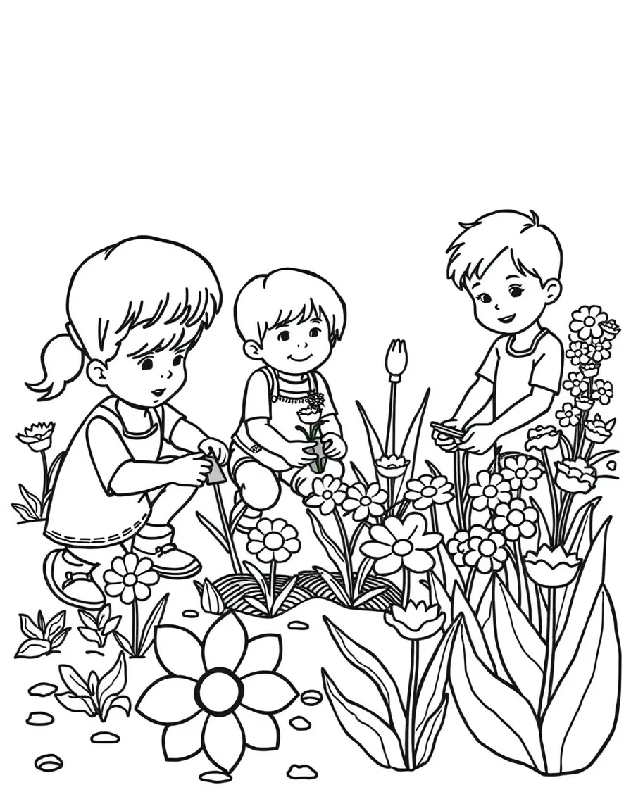 (West Virginia) Kids planting flowers in a garden