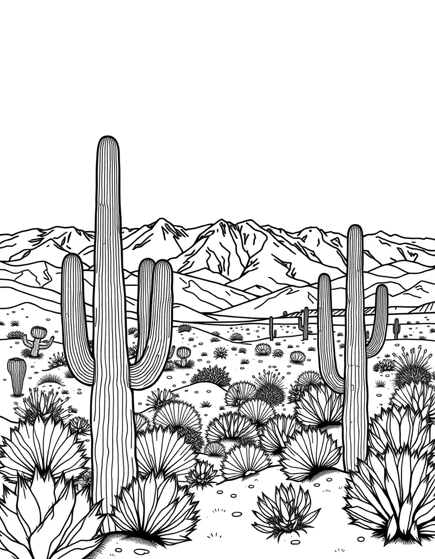 (Nevada) A desert landscape with cacti and mountains