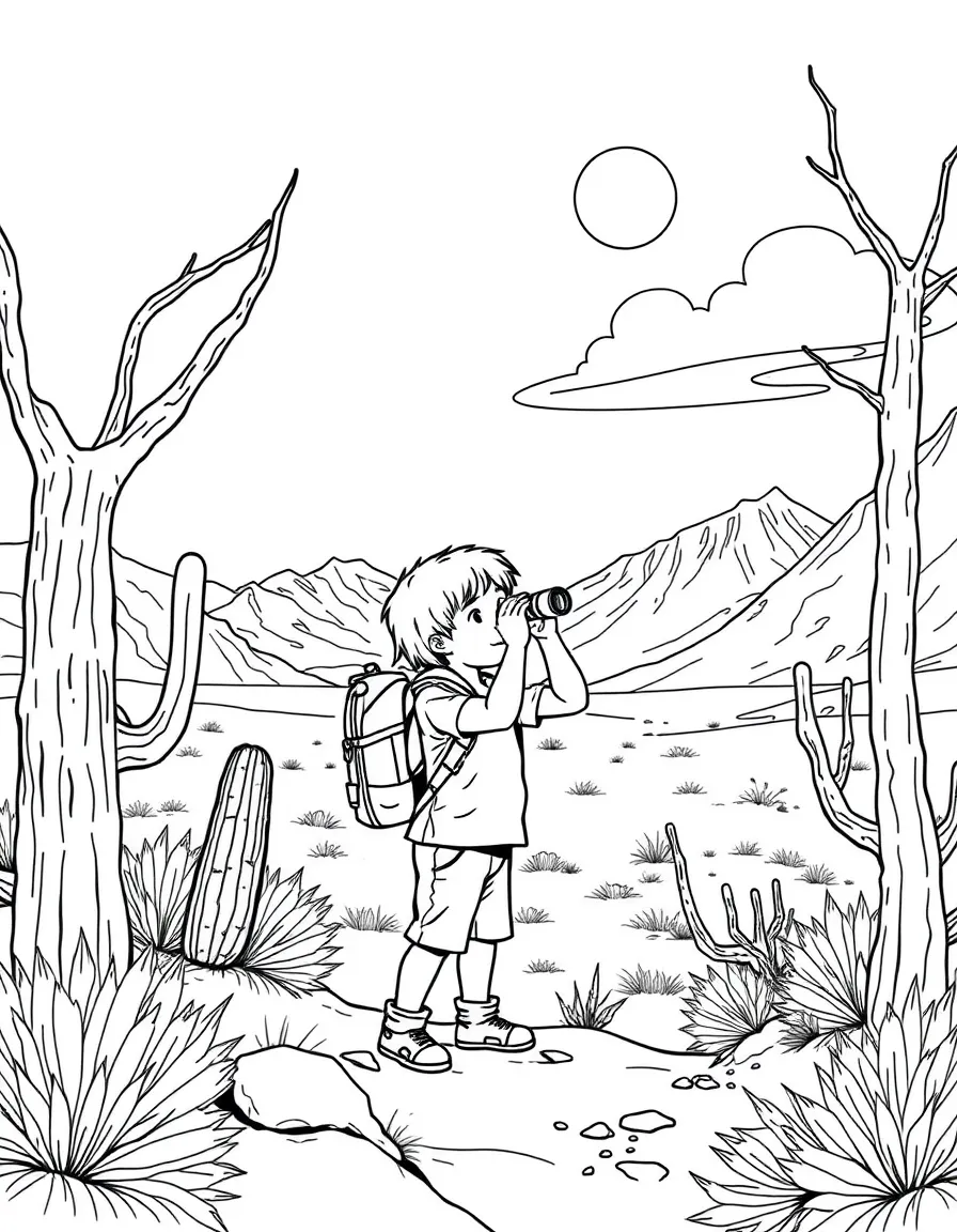 (Nevada) A child hiking in the desert with binoculars