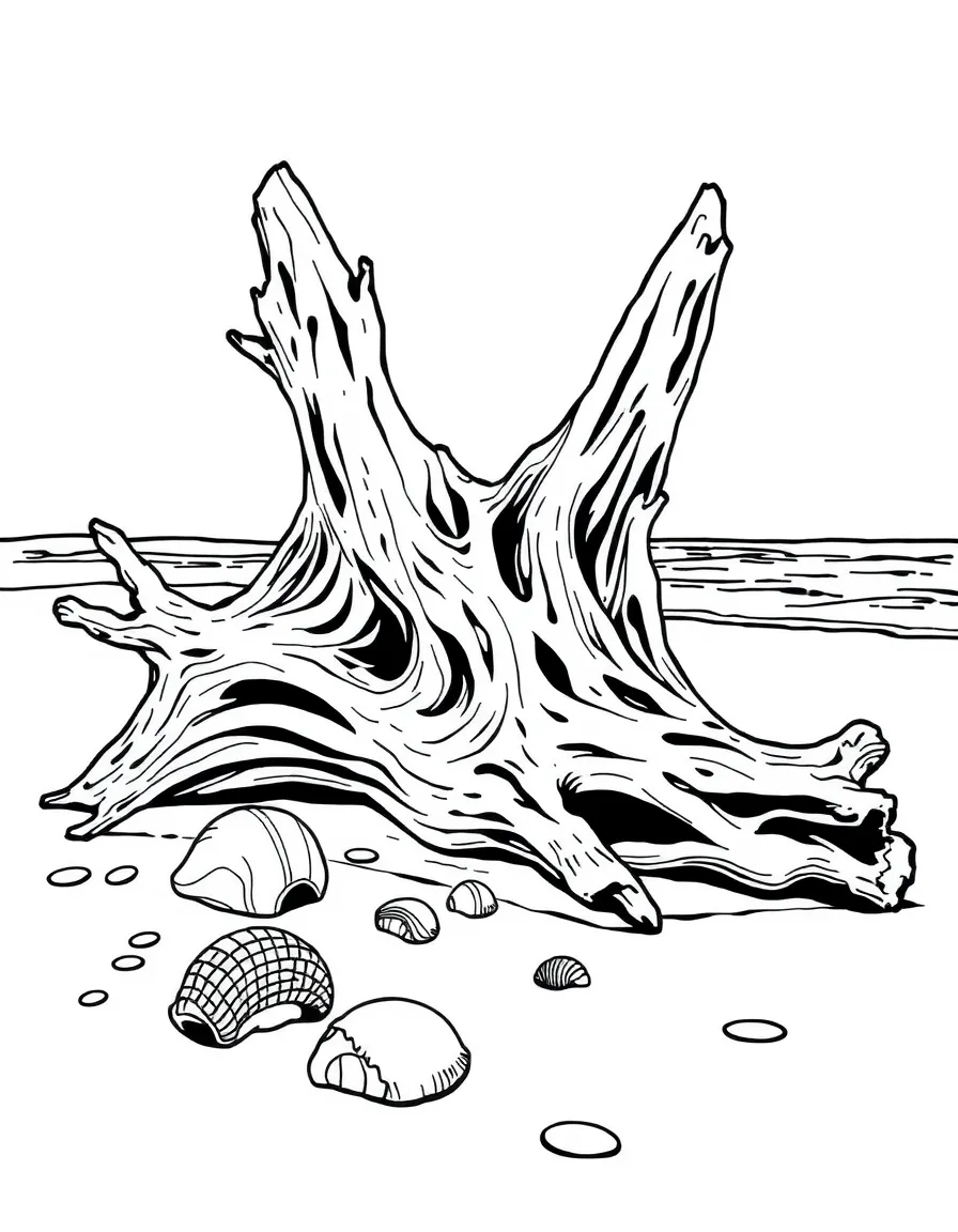 (Oregon) Driftwood and shells on a beach