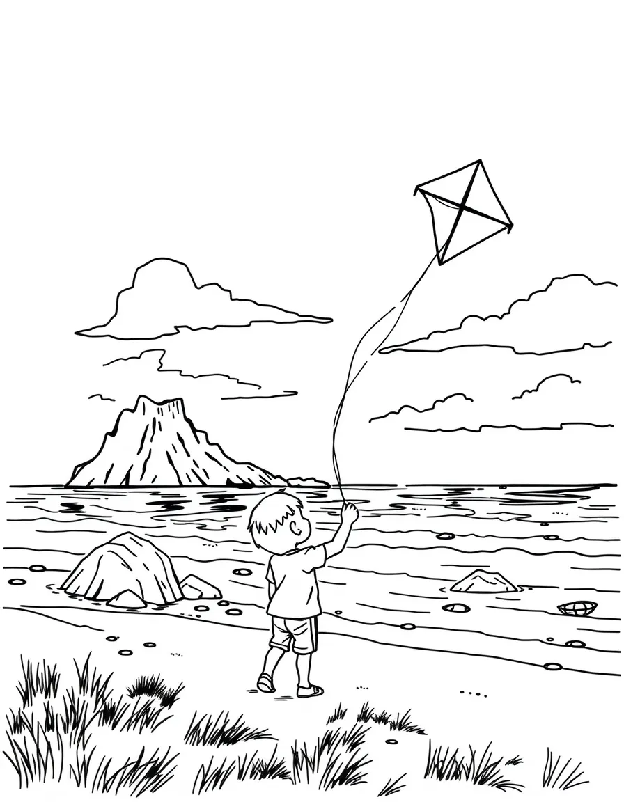 (Oregon) A child flying a kite at the coast