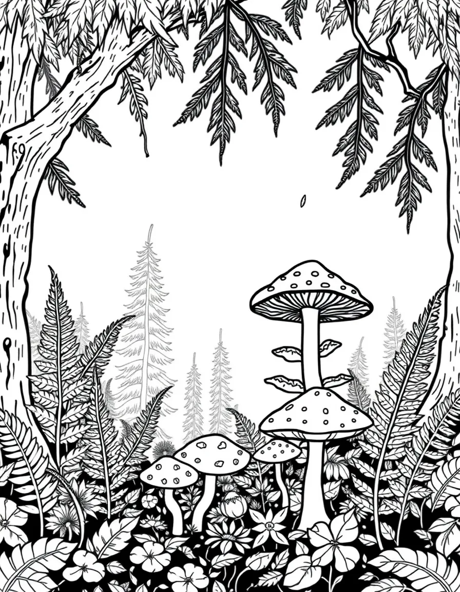 (Oregon) Ferns and mushrooms in a forest