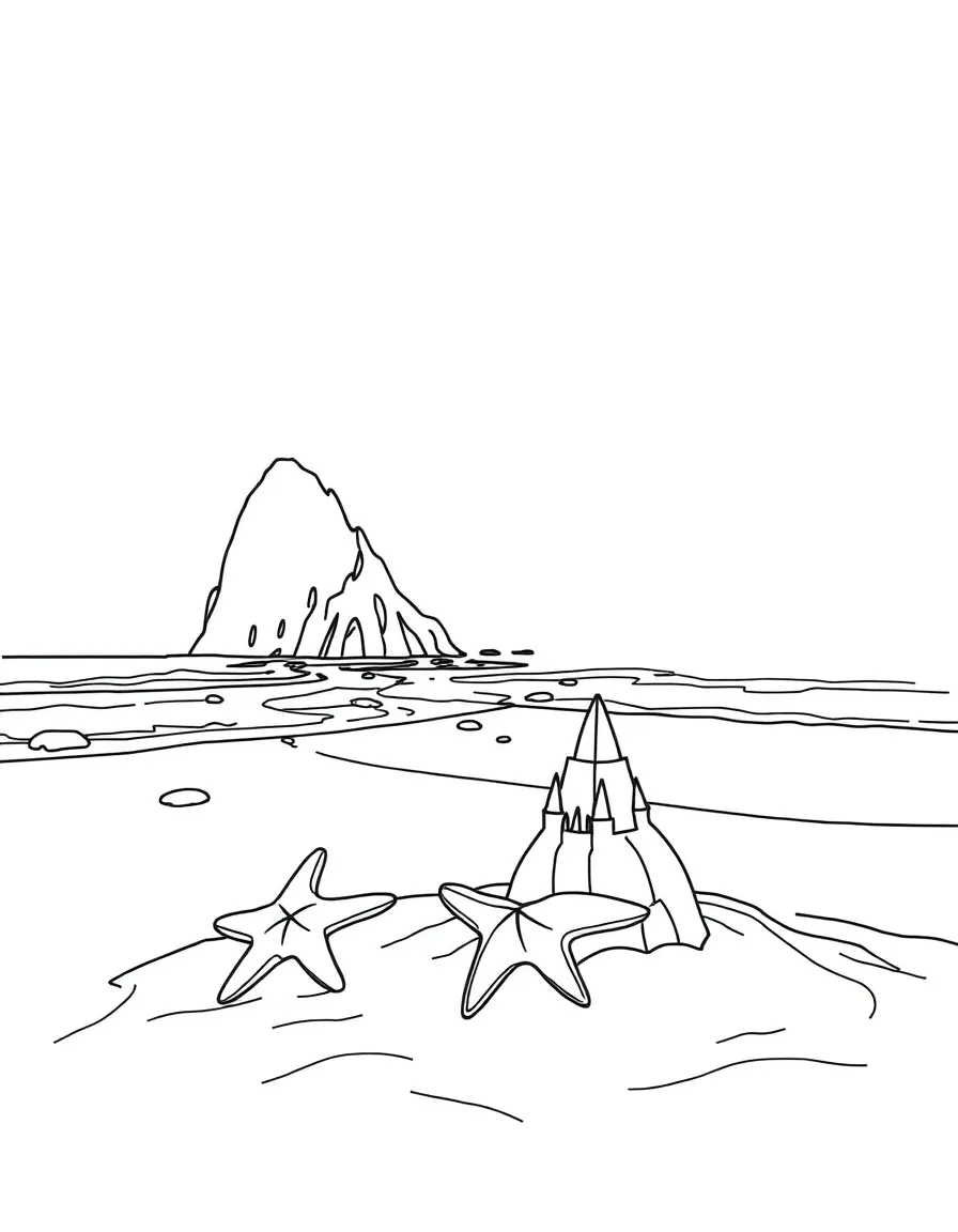 (Oregon) Oregon coast with starfish and sandcastle