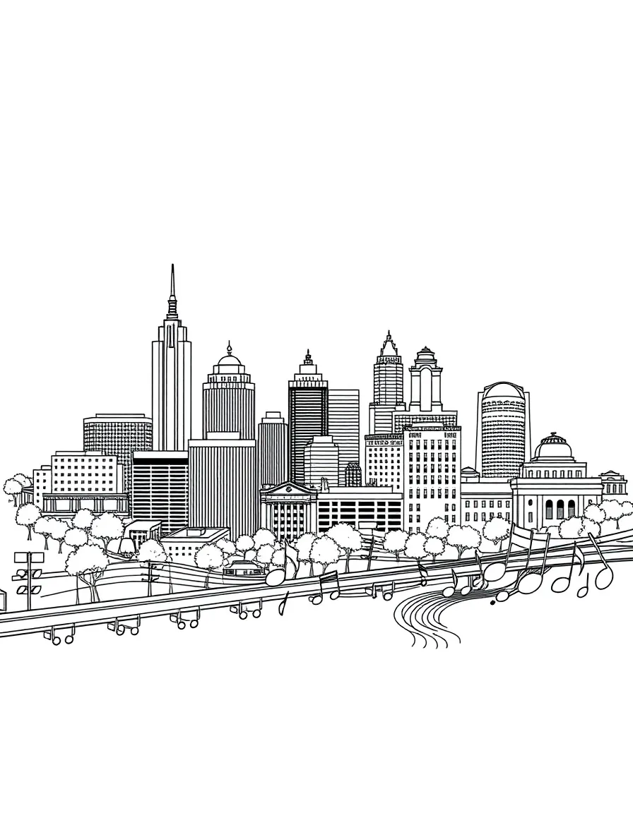 (Tennessee) Downtown Nashville skyline with music notes