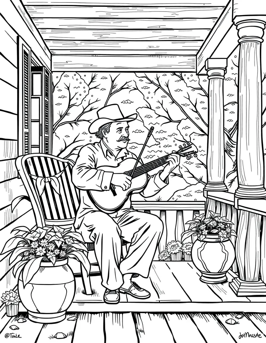 (Tennessee) A fiddler playing on a porch