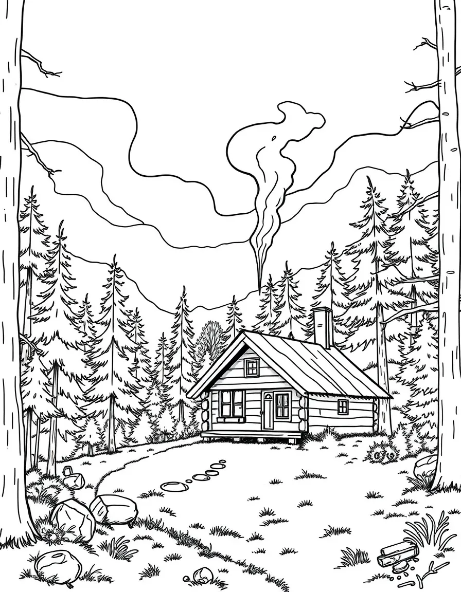 (Tennessee) A cabin in the forest with smoke coming out