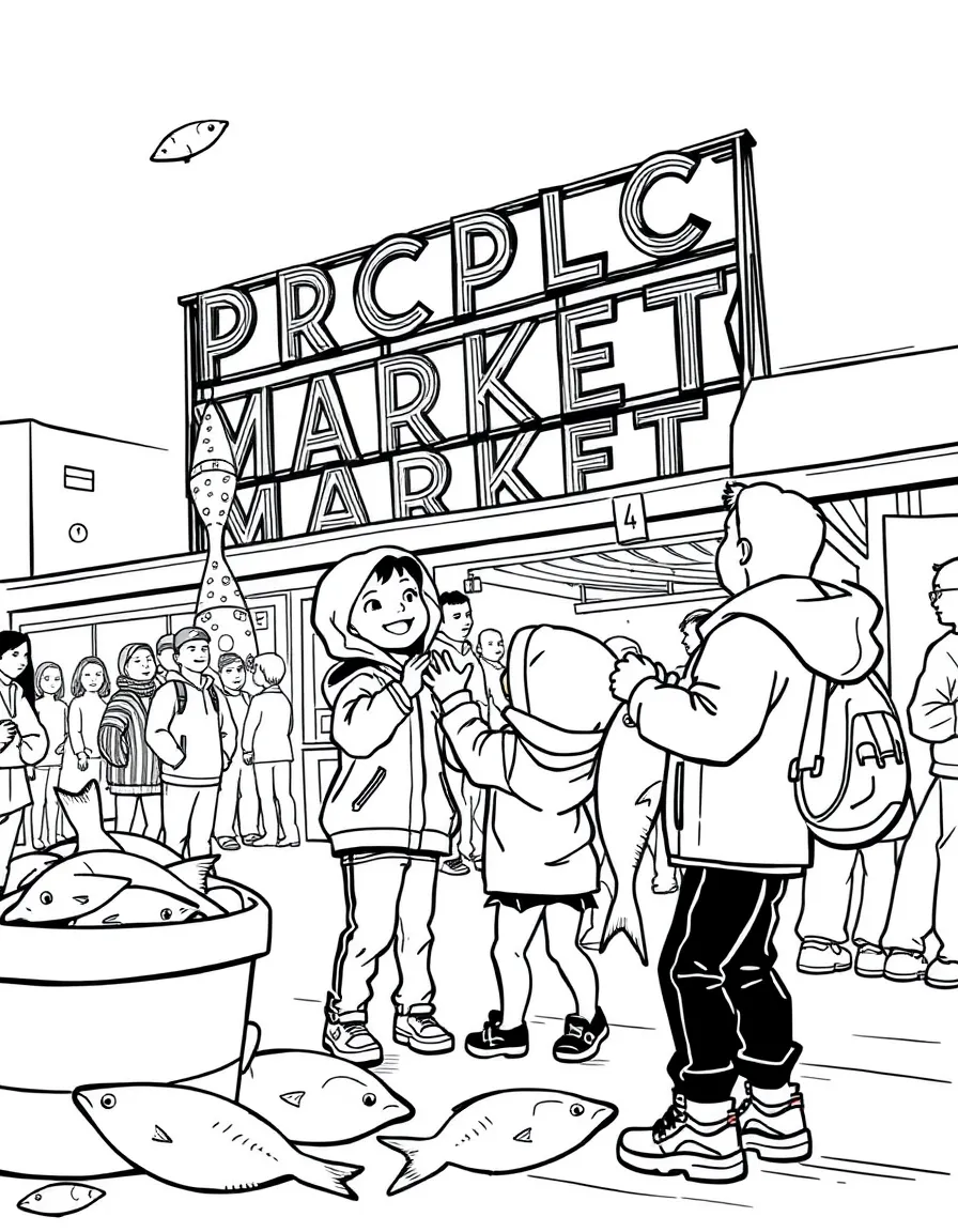(Washington) Kids throwing fish at Pike Place Market