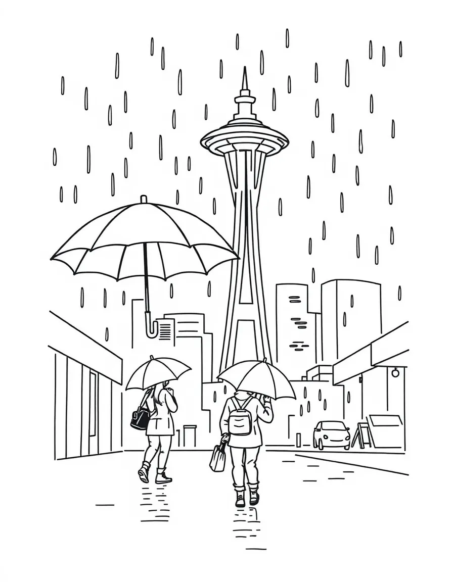 (Washington) A rainy day with umbrellas in Seattle