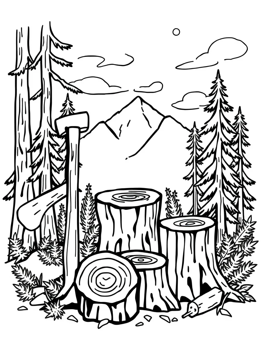 (Washington) A logging axe and tree stumps (kid-friendly)