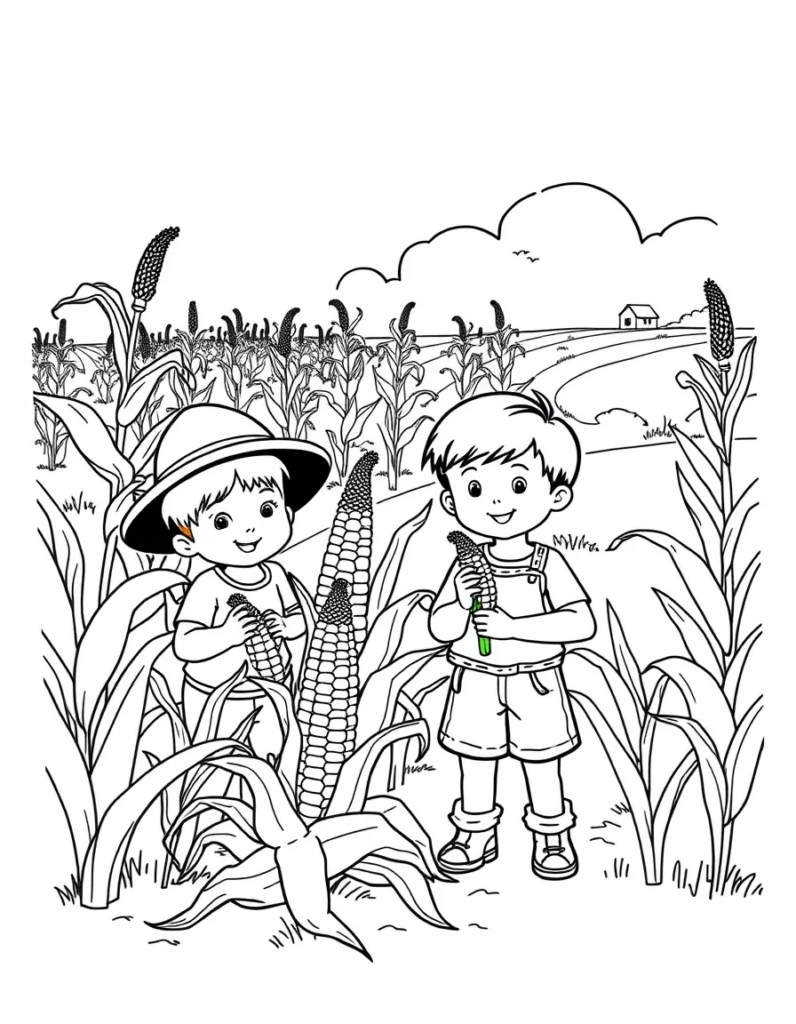 (Nebraska) Kids picking corn on a Nebraska farm