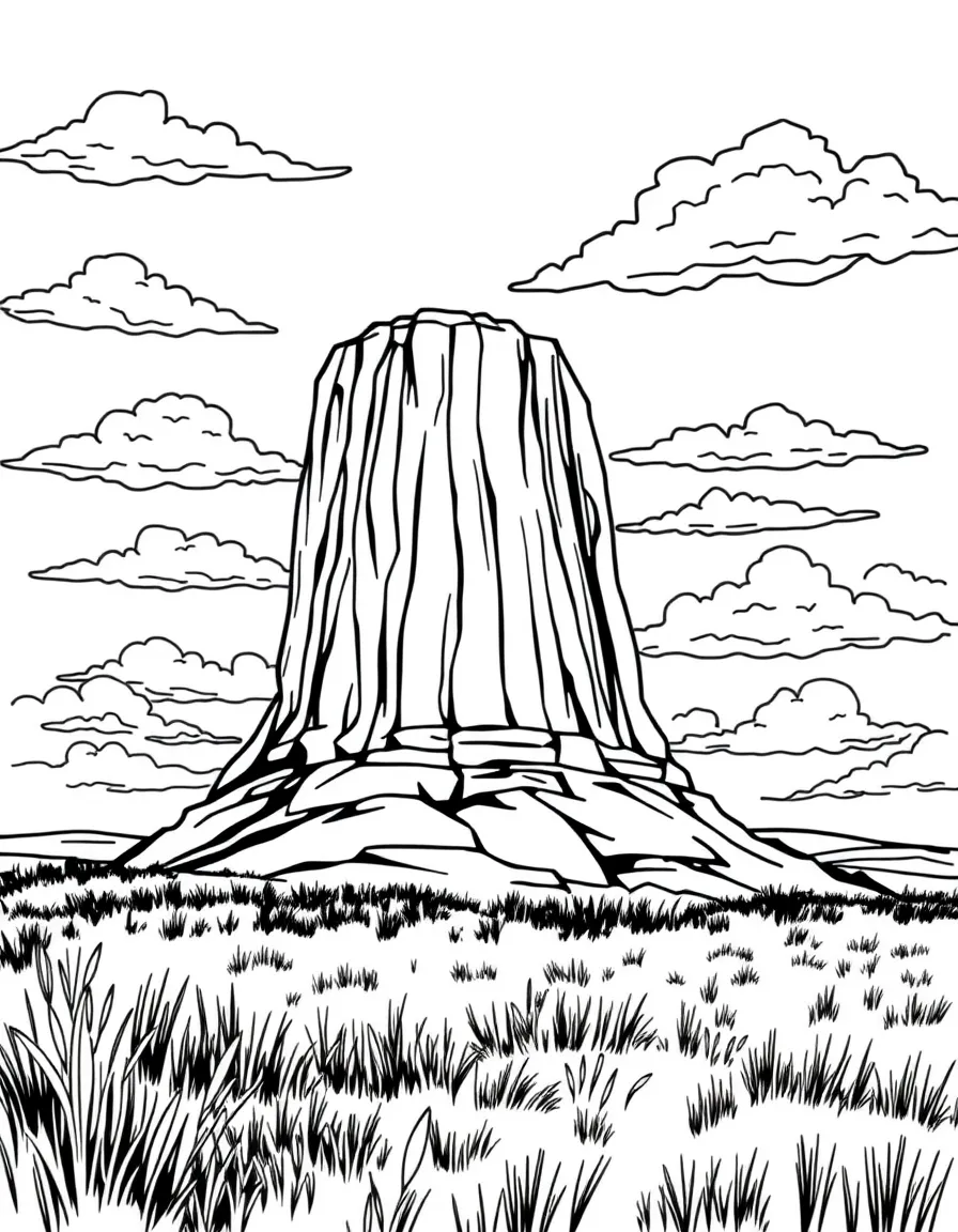 (Nebraska) Chimney Rock with clouds and prairie grass