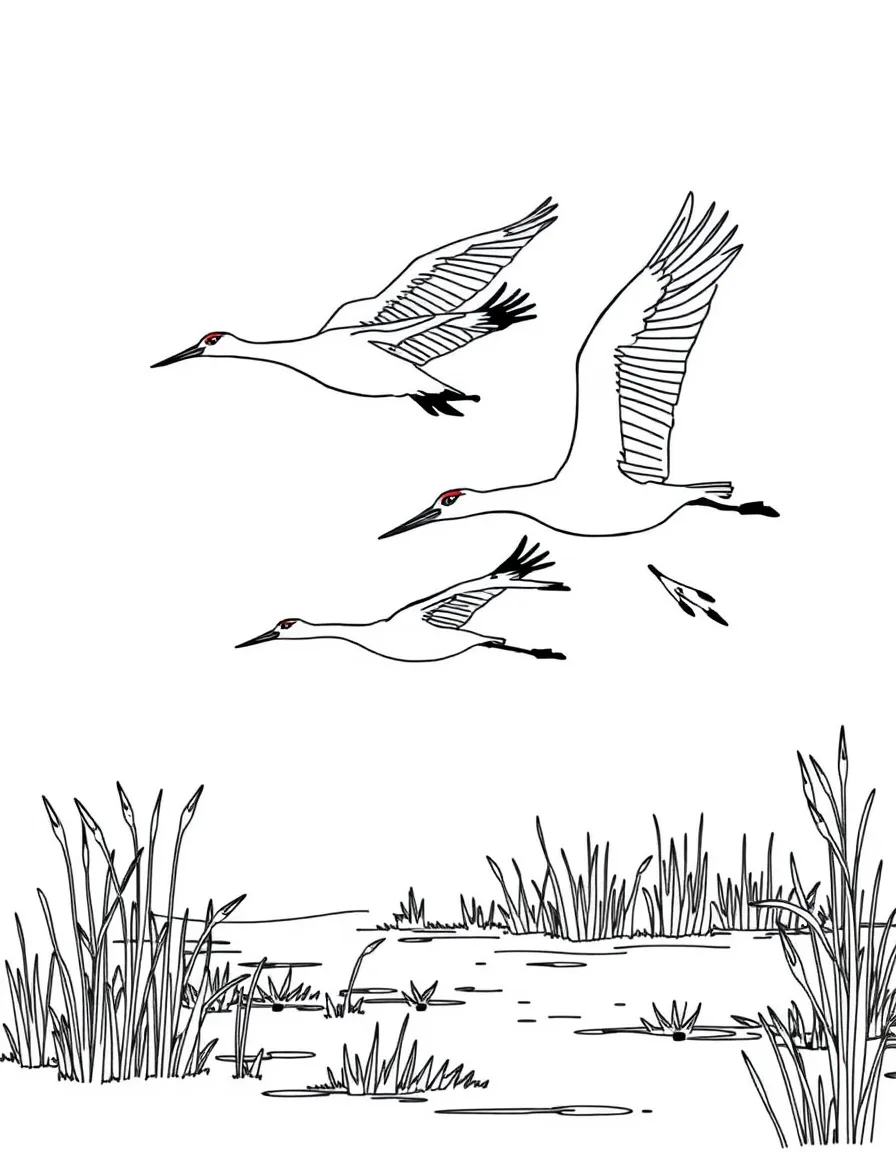 (Nebraska) Sandhill cranes flying over a wetland