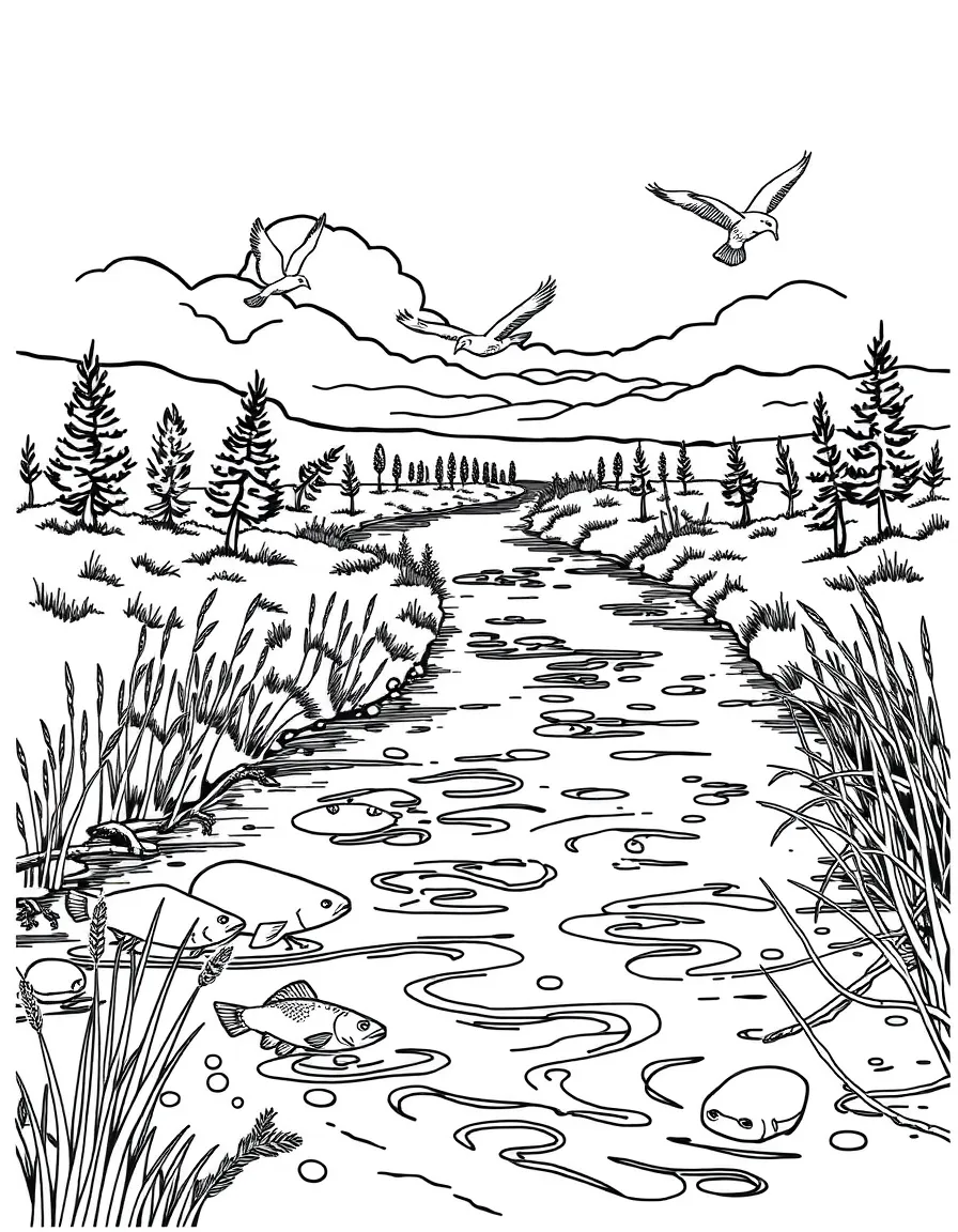 (Nebraska) Platte River with birds and fish