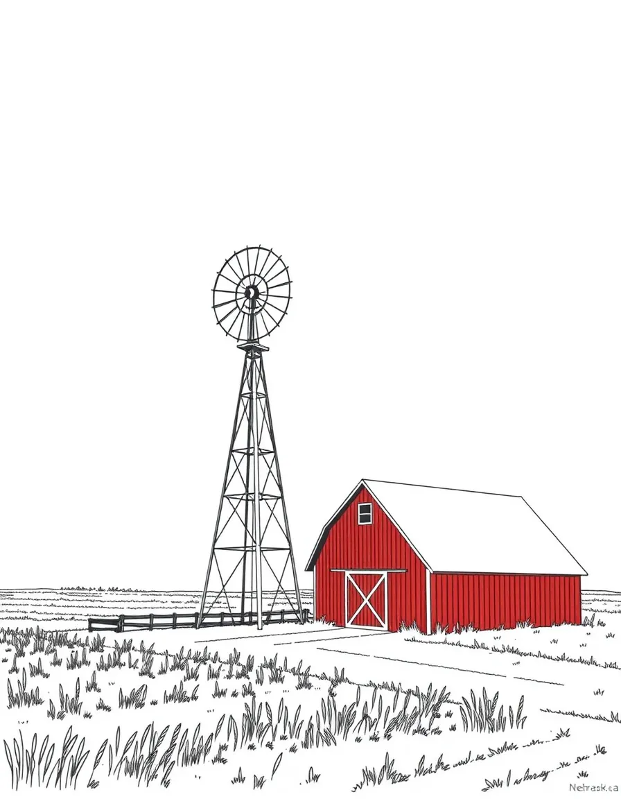 (Nebraska) A red barn and windmill in the Nebraska countryside