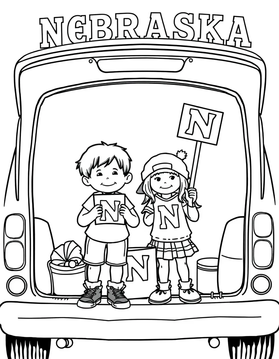(Nebraska) Kids tailgating with Nebraska Cornhuskers signs