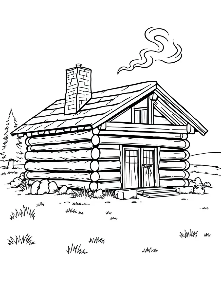 (Nebraska) A log cabin with smoke from the chimney