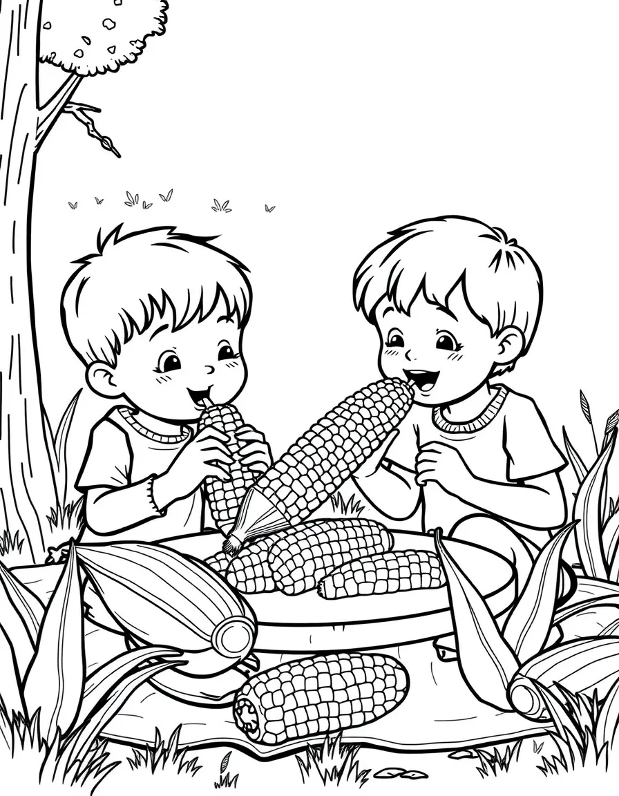 (Nebraska) Kids eating corn on the cob at a picnic