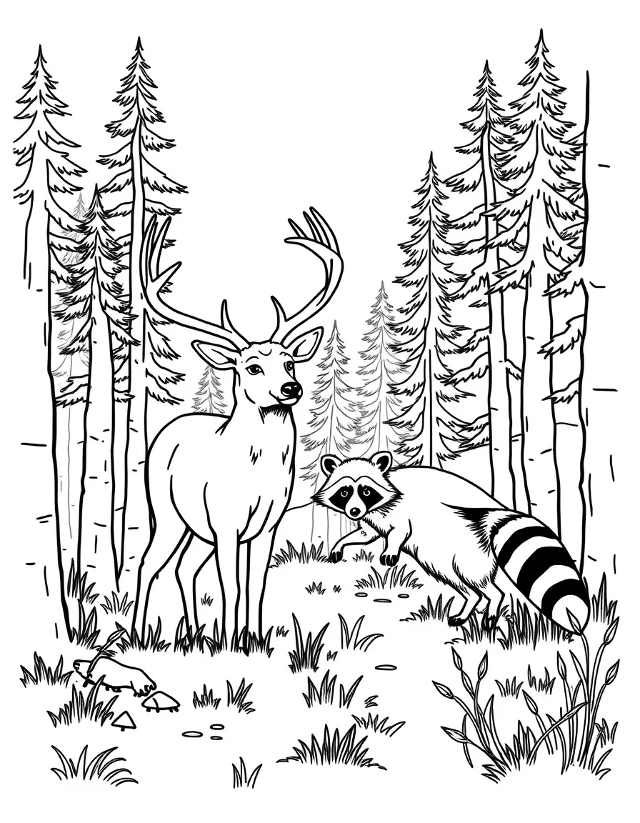 (Nebraska) A deer and raccoon in a Nebraska forest