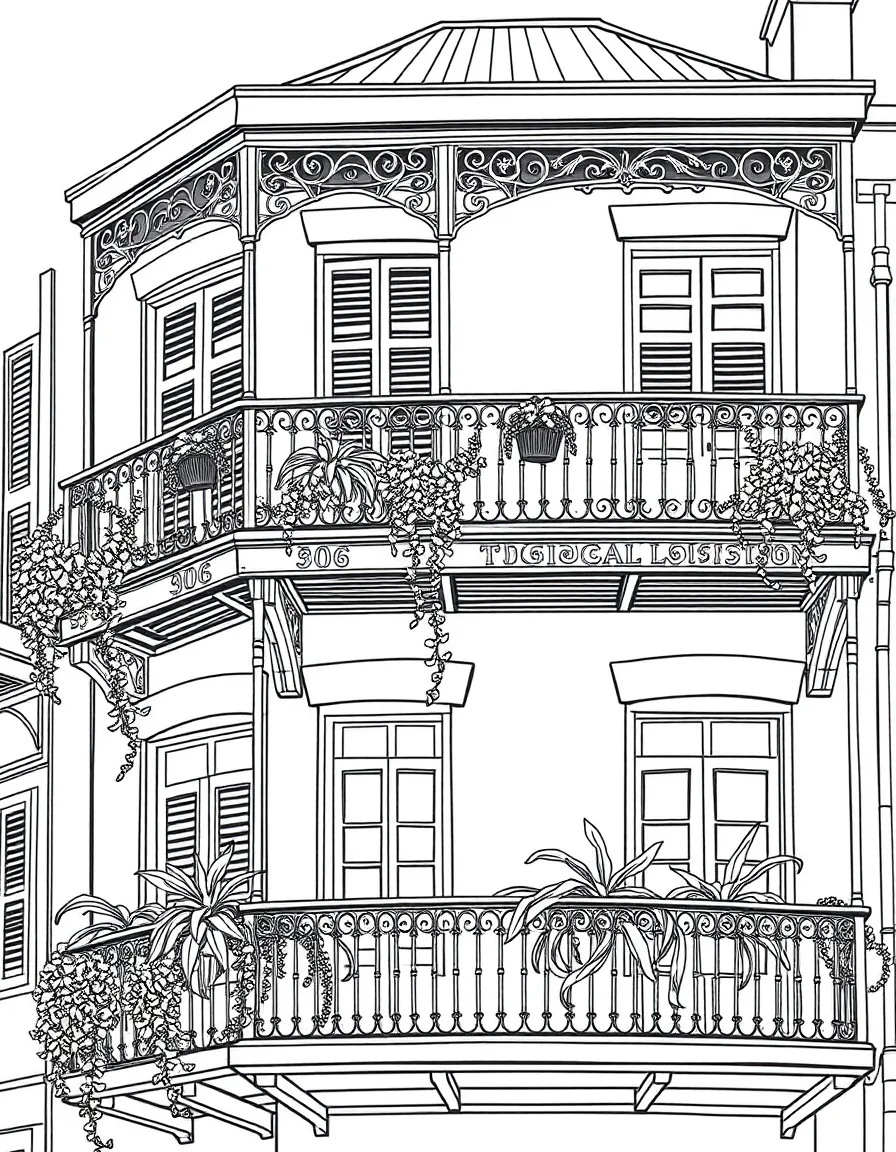 (Louisiana) The iconic French Quarter balconies with decorative ironwork and hanging plants