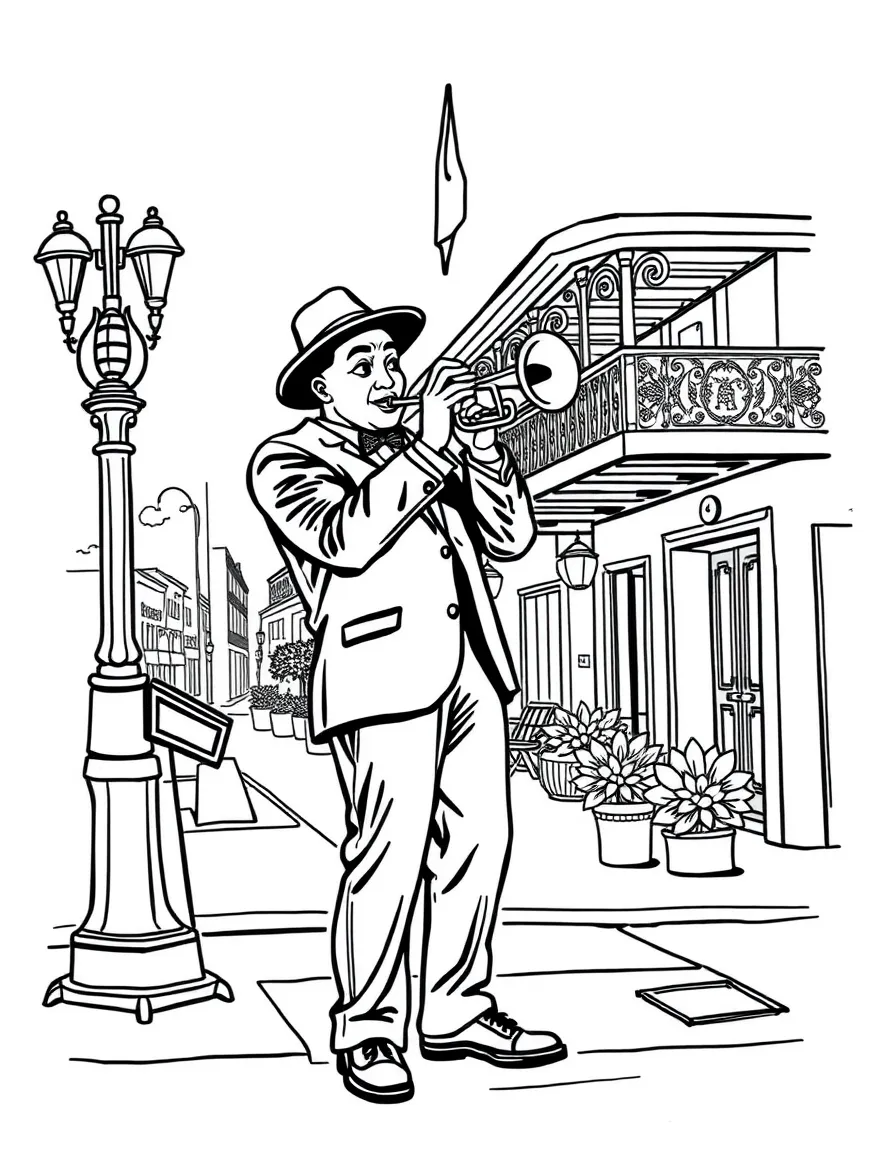 (Louisiana) A jazz musician playing trumpet on a New Orleans street corner