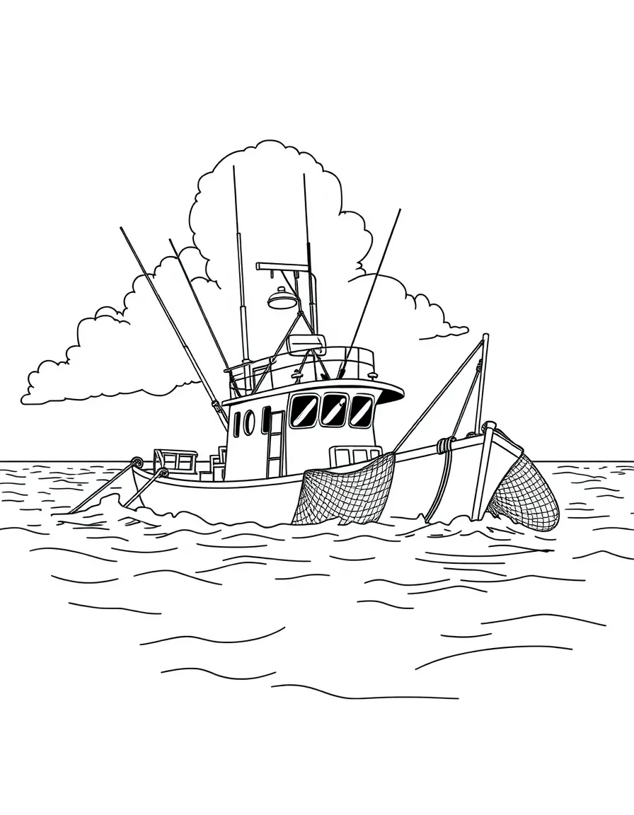 (Louisiana) A shrimp boat with nets in the Gulf of Mexico waters