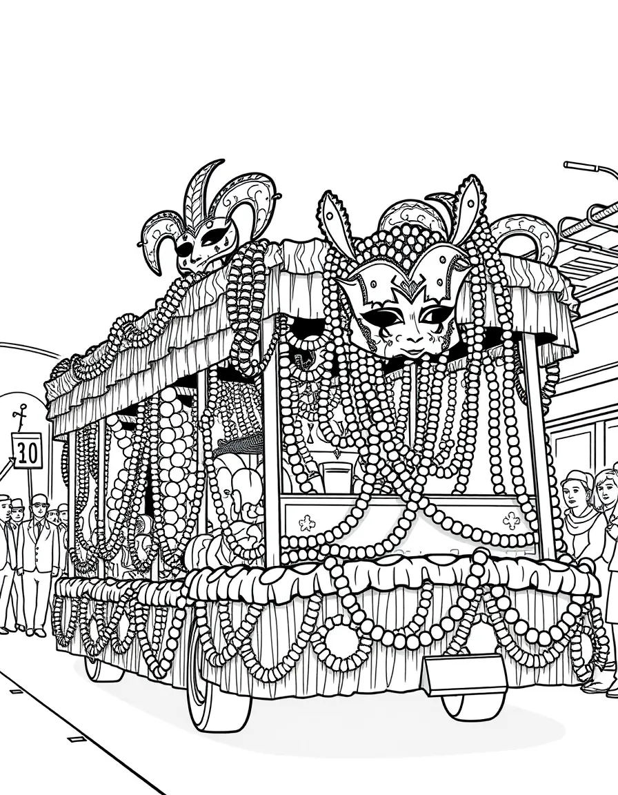 (Louisiana) A Mardi Gras parade float decorated with beads and masks