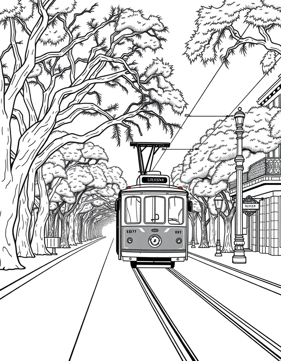 (Louisiana) A streetcar traveling down St. (Louisiana) Charles Avenue with oak trees