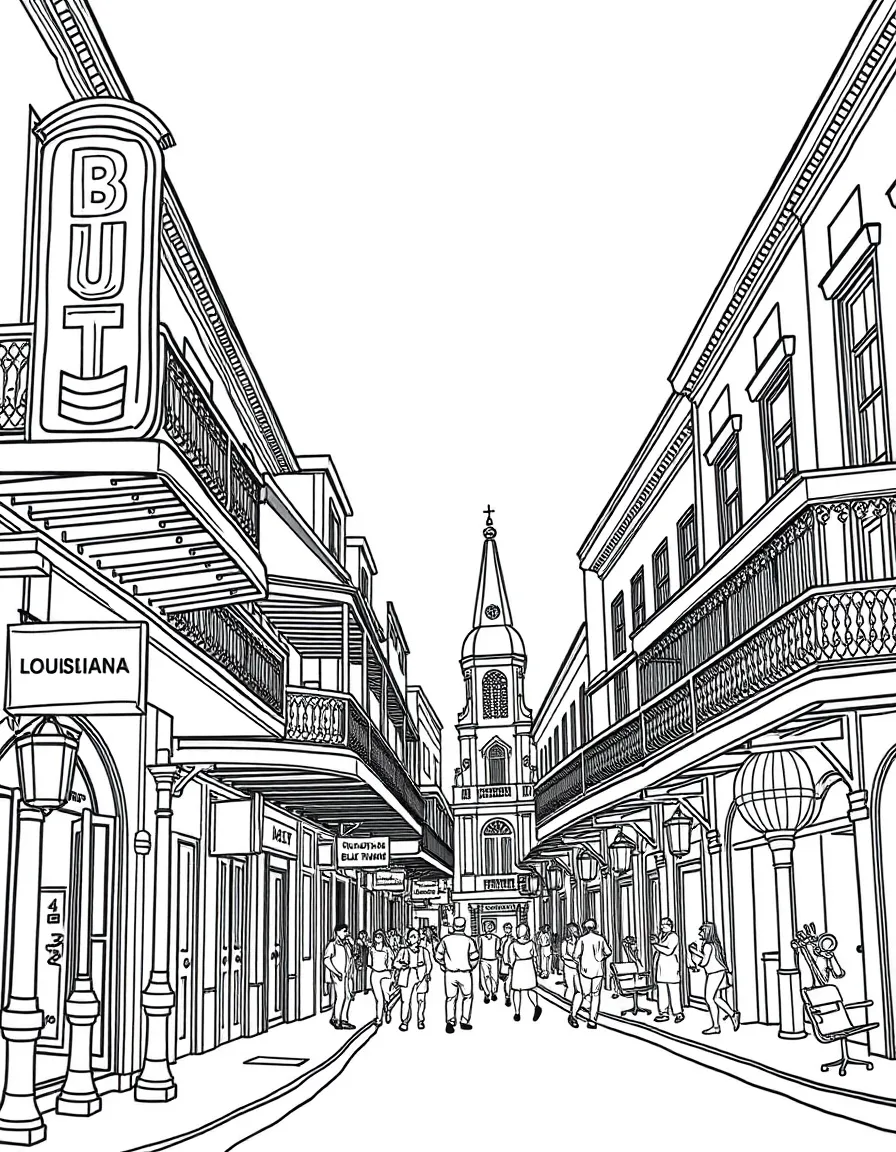 (Louisiana) Bourbon Street with its neon signs and historic buildings
