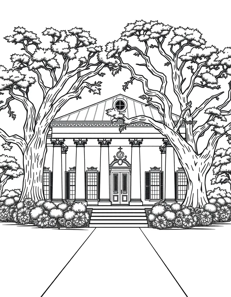 (Louisiana) A Louisiana plantation house with large columns and oak trees